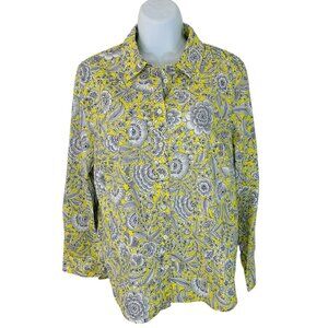 Talbots Women's Petite Size LP Floral Button Front Yellow White Black Shirt